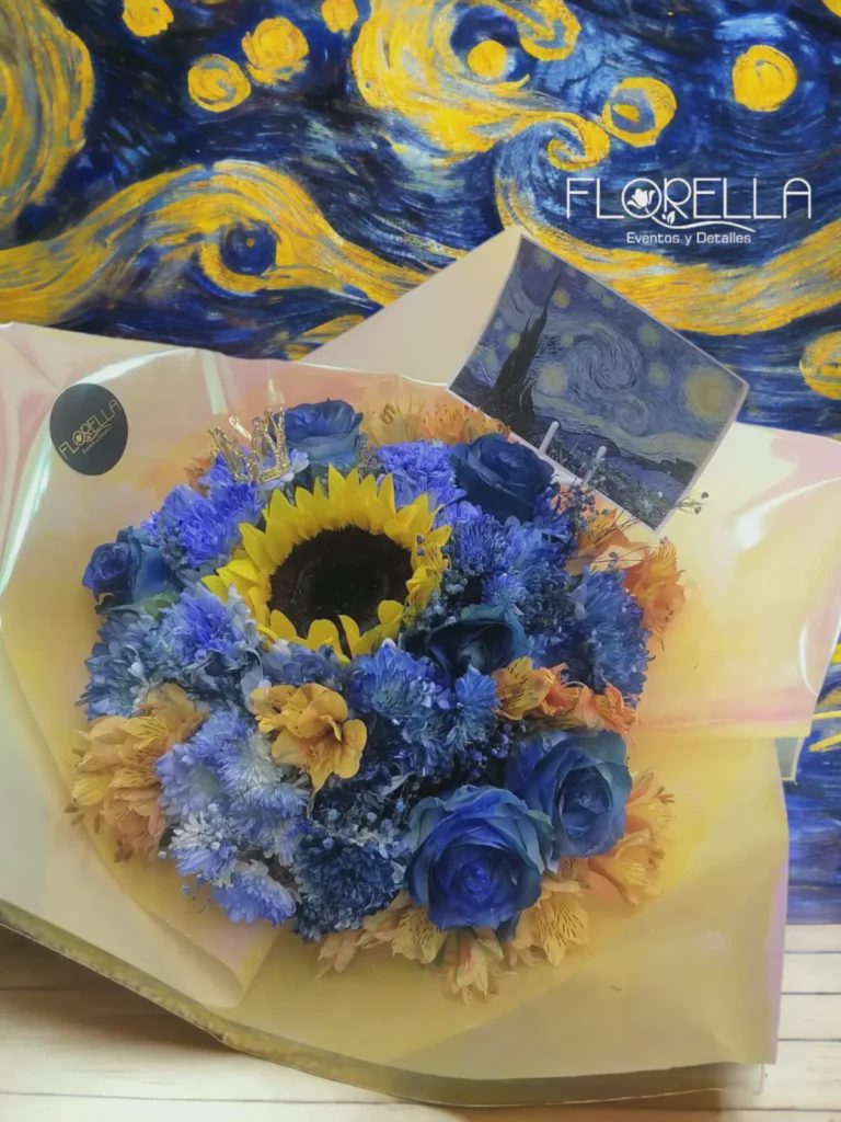 Ramo girasol y rosas azules — Florella