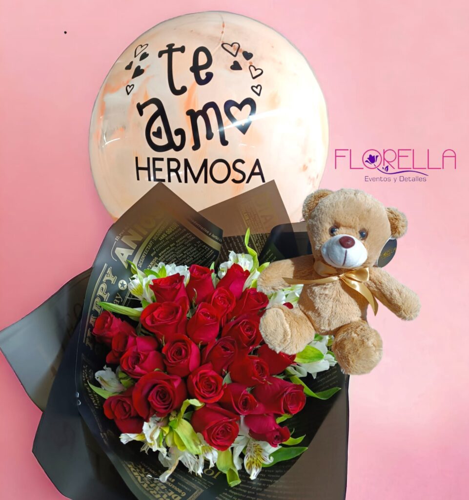 Ramo de rosas rojas con peluche — Florella