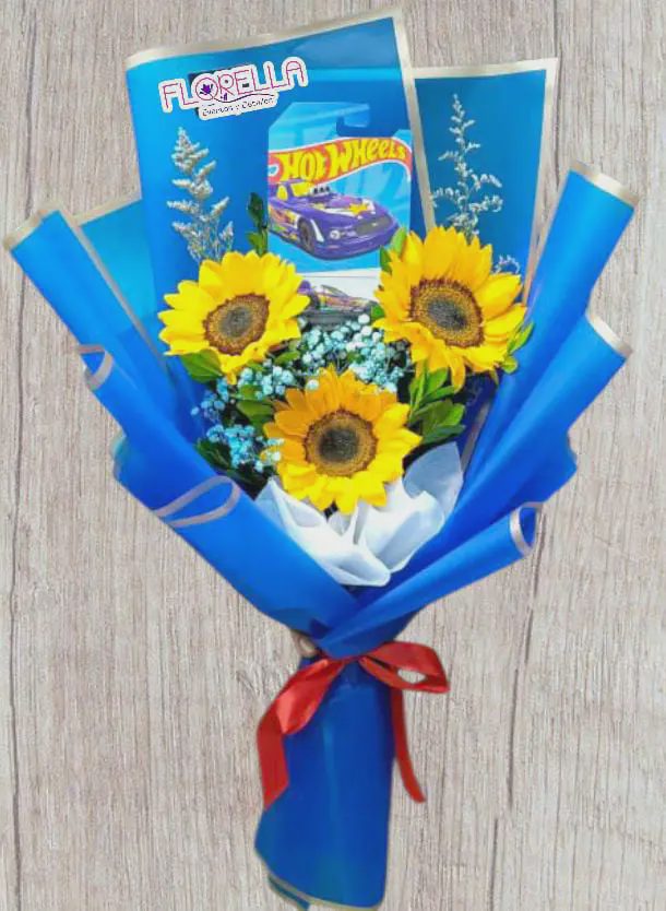 Ramo de girasoles con Hot Wheels — Florella